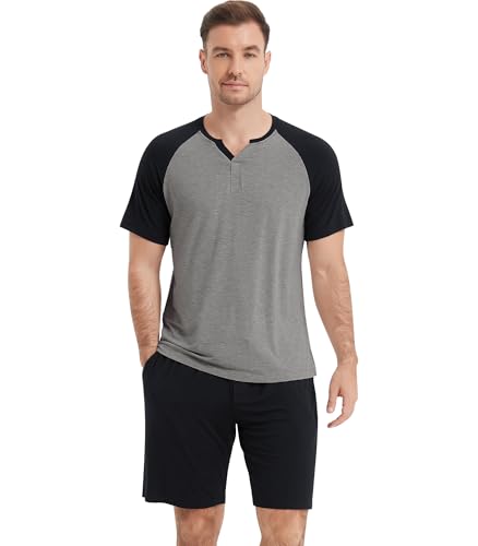 Image of NACHILA Pajamas Set for Men-Viscose Made from Bamboo,Short Sleeve Sleepwear Soft Pjs with Shorts Cool Loungewear Dark Heather Grey /Black L