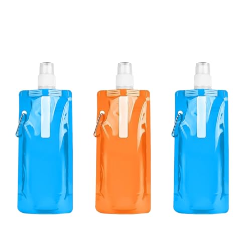3 Pcs Collapsible Water Bottle, 16oz Foldable Water Bottle for Travel, Camping - Reusable Drinking Bottle with Leak-Proof Lid - Compact, Lightweight & Durable Water Bottles for Outdoor Activities