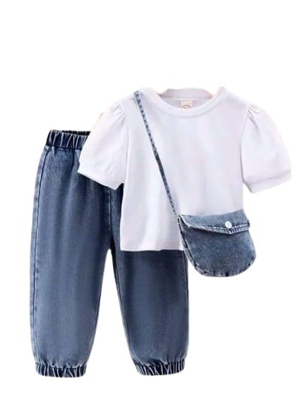 Girls Solid Top & Denim Jeans Set
