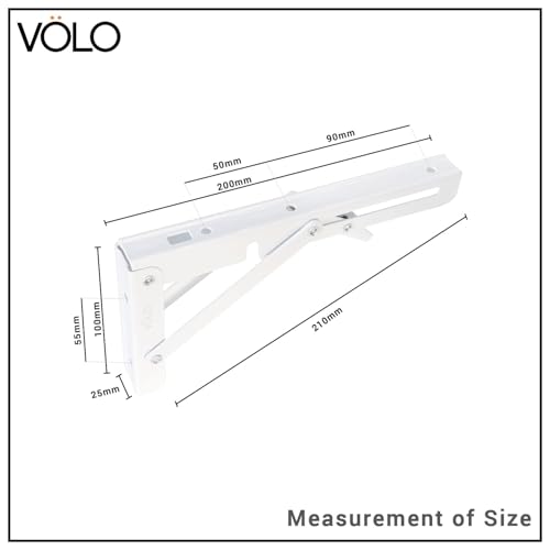 Image of VOLO Pack of 2 Pieces (1 Set ) Heavy Duty Folding Bracket | 150 Kg Load Capacity | Foldable Wall Shelf Bracket | Fold Down Table and Wall Bracket with Fittings | (Mild Steel | White, 8 Inch (200mm))