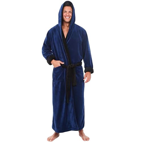 Cambkatl Men's Fleece Robe Big and Tall with Hood, Color Block Full Length Plush Bathrobe Nightgown with Pockets