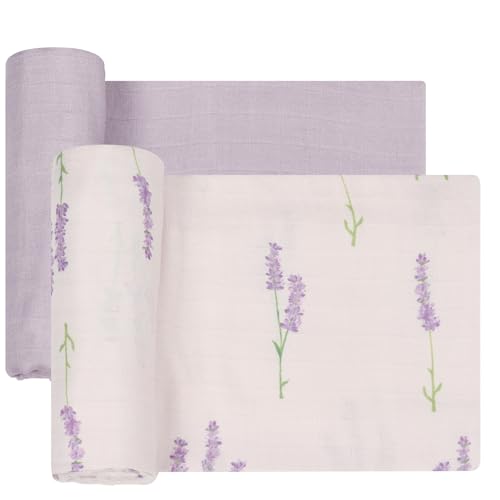 Image of Muslin Swaddle Blankets Neutral, Baby Swaddling Wrap Nursery Receiving Blanket for Baby Girl, 70% Viscose from Bamboo and 30% Cotton, Large 47 x 47 inches Lavender & Mauve