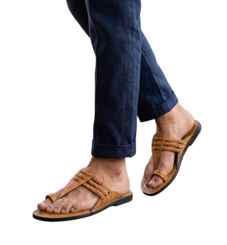 Image of Agadi Men's Kolhapuri Style Sandals | Handcrafted Woven Strap Toe Ring Chappals | Comfortable Ethnic & Casual Slip-On Footwear for Men