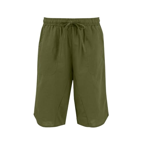 Cotton Linen Pants Women Bermuda Shorts Knee Length Elastic Waist Crop Trousers with Pockets Beach Vacation Clothes3