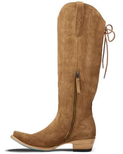Lane Womens Lexington Knee High Embroidered Corset Casual Boots Knee High Low Heel 1-2" - Brown3
