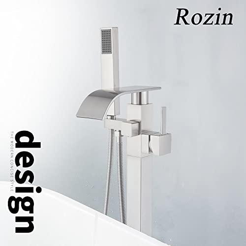 Rozin Freestanding Bathtub Faucet Waterfall Tub Filler Brushed Nickel Floor Mount Brass Single Handle Bathroom Faucets With Hand Shower New #TOP2