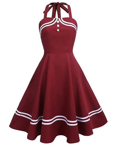 WEITING Damen Preppy Retro Swing Kleid Sommer Damen Sailor Neck Elegantes Preppy Rock Kleid-Weinrot-M