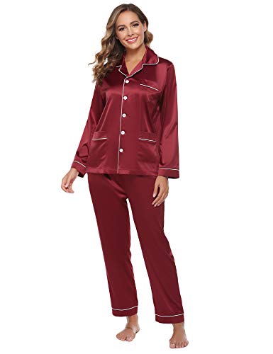 Aibrou Women's Satin Pajamas Set Long Sleeve and Long Button-Down Sleepwear Loungewear Red