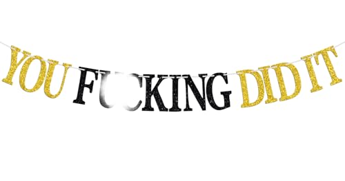 You Did It Banner, We are So Proud of You, High School Grad/University Grad Graduation Party Decorations Supplies, Black & Gold Glitter