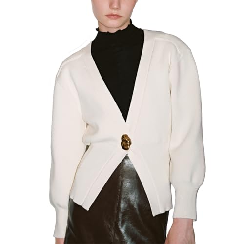 Image of URBAN REVIVO Women Knitted Cardigans Long Sleeve V-Neck Lightweight Sweater One Leaf Button Down Outwear