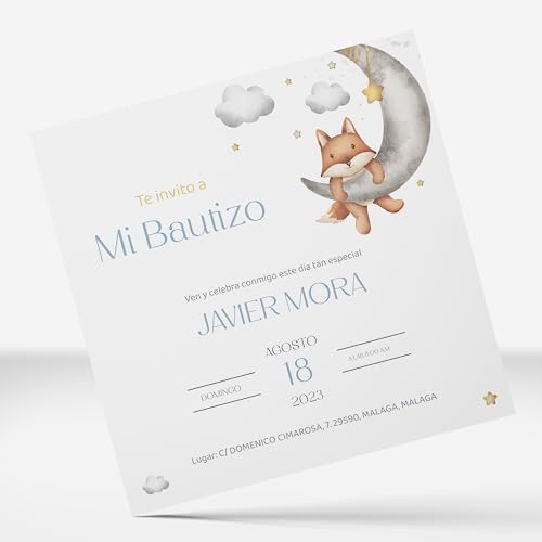 PRINT STAMP LOVE Invitaciones Personalizadas y Recordatorios Bautizo Niño y Niña de 15x15cm | Personaliza Nombre, Fecha y Texto | Tarjeta para Invitados - Elige entre 4 Modelos (Modelo 3)