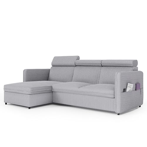 Ecksofa Beni mit Schlaffunktion Sofa mit Relaxfunktion und Kopfstützen Couch Sofa mit Schlaffunktion und Bettkasten Schlafsofa Polsterecke Couchgarnitur Ecke Bettcouch - Universal (Poso 110 Hellgrau)