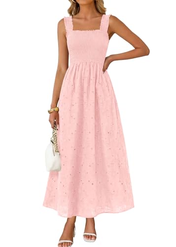 Image of KIRUNDO Summer Lace Dress for Women Eyelet Maxi Sundress | Boho Sleeveless Cotton Flowy Long Dresses, Wedding Guest, Beach Vacation, Baby Shower Guest Dress, Smocked Bust, With Pockets