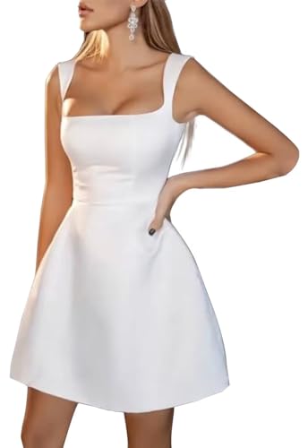 Square Neck Satin Wedding Dresses for Bride Short A Line Prom Dress for Women Simple Backless Mini Party Dress for Teens White