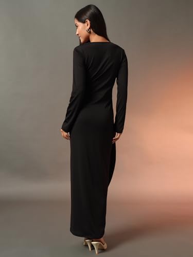 Image of Trend Arrest.ed Women's Bodycon Midi Dress | Square Neck Wrap Style | Stretchable | Full Sleeve Fitted Dress for Party, Evening, Casual Outings & Date Night