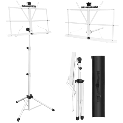 1 Pack Music Stand, 2 in 1 Dual-Use Folding Sheet Music Stand, Lightweight Portable Adjustable Desktop Book Stand with Music Sheet Clip Holder & Carrying Bag