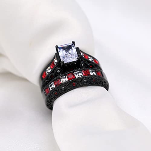 Bridal Sets Black Gold Plated Princess Cut Claer and Red Cz 2pcs Womens Wedding Ring Sets Engagement Ring4