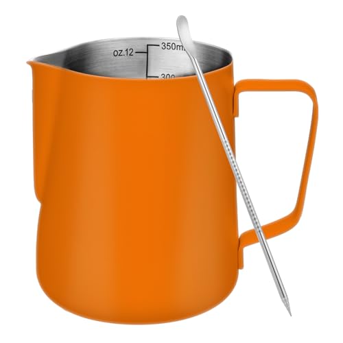 Image of Amrules Milk Frothing Pitcher 12oz Frother Cup Barista Tools, Orange