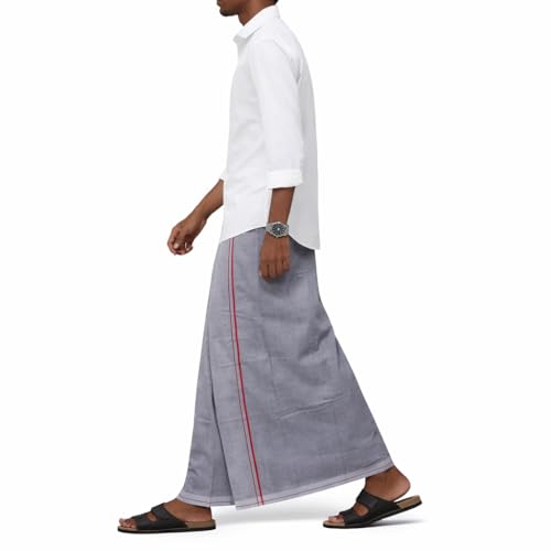 Image of Pure Cotton Dhoti for Men (1.28 x 1.87 m) | Solid Panchalu with Varied Small Color Border | Kerala Cotton Veshti, Khadi Dhoti | Lightweight Pooja & Temple Wear