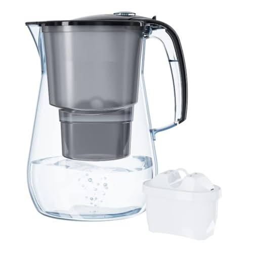 AQUAPHOR Onyx Wasserfilterkanne 4,2 l, zur Reduzierung von Kalk, Chlor und anderen Verunreinigungen, inklusive 3 x Maxfor+ Filterpatronen - Premium Wasserfilterkanne in Glasoptik. - Schwarz