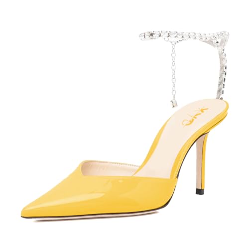XYD Women Chic Stiletto Heels Pumps Sparkle Crystal Chain Ankle Strap Closed Pointed Toe Sandals Shoes for Bridal Party Evening