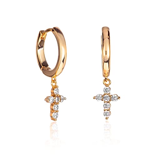 ZAVANA Boucles d’Oreilles Créoles Dorées pour Femme – Petites Créoles Huggie avec Pendentif Croix serti de Pierres Zirconium, Bijoux Dorés Élégants...