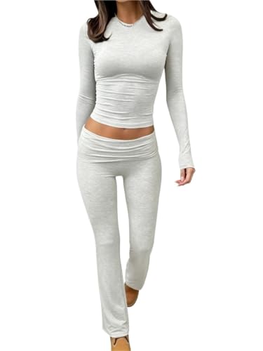 Conjunto suave elástico de mujer con top manga larga y pantalón de cintura retorcida