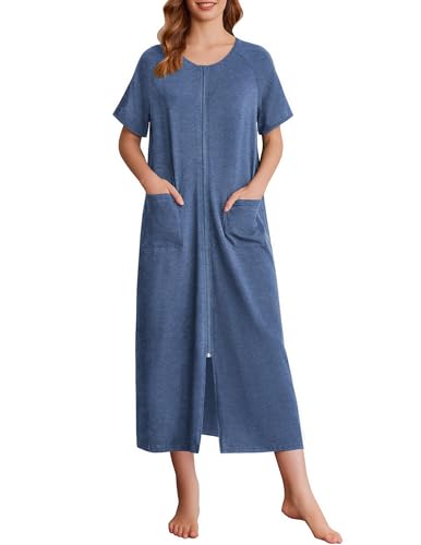 Ekouaer Women Robes Zipper Front Short Sleeve Full Length Housecoat with Pockets Loungewear S-4XL