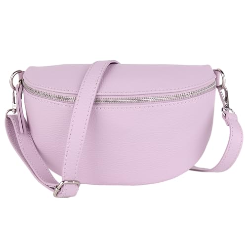 MIRROSI® Bauchtasche Damen, Made in Italy, Echtleder Umhängetasche Echtes Leder, Brusttasche, Crossbody Bag aus Echtem Leder, in 3 Größen erhältlich (Flieder Silberner Reißverschluss) (Gr.L)