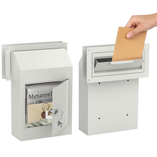 Image of Door Drop Box for Mail, Rent, Deposit, and Night Key - Through The Door Locking Steel Mailbox with Rear Access | 9.75 inch L x 4.25 inch W x 14.75 inch H (White)