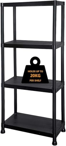 VIVAAS Heavy Duty Black Plastic Storage Shelving Unit Garage Storage Shelves Racking Shelving Unit Home, Office, Pantry, Warehouse, Garage, Shed, Stockroom, kitchen and Workshop (4 Tier)