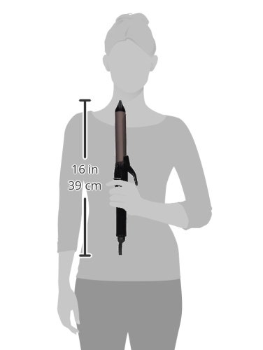Diagram showing the Conair Double Ceramic Curling Iron held by a person, indicating its approximate length of 16 inches (39 cm).