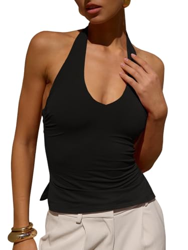 Tankaneo Womens Sexy Scoop Neck Halter Tops Backless Ruched Knit Tank Tops Summer Sleeveless Fitted Going Out Shirts3