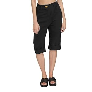 Generisch Leinenhose Damen Caprihose Schwarz XXXL