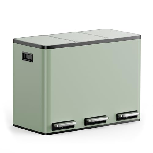 VonHaus Kitchen Bin 45L Sage Green Triple Recycling Bin for Kitchen Three Section Food Waste Separation System with Non-Slip Base & Removable Inner-Compartments Airtight Trash Can 3 x 15L