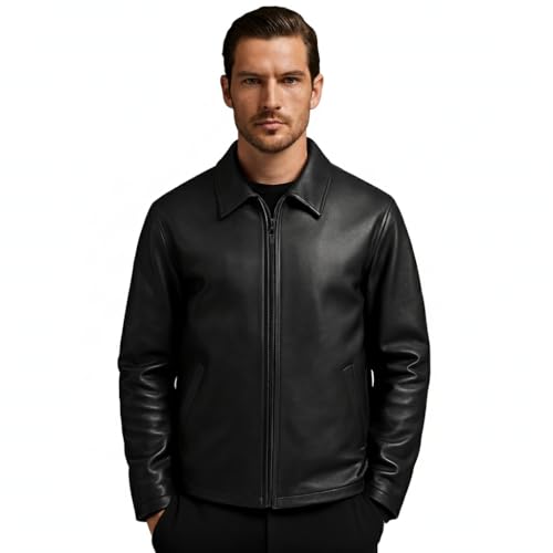 Image of Midnight Men's Premium Black Faux Leather Jacket with Front Zip Closure, Classic Collar, Sleek Minimal Design, Everyday Comfort and Timeless Style Fit