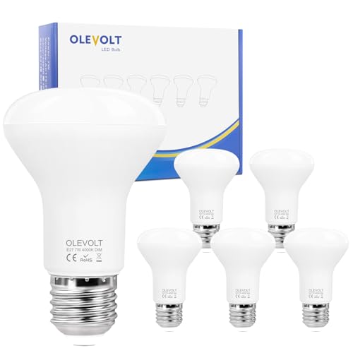 OLEVOLT Bombilla LED E27 Regulable 4000K Luz Neutra, Reflectora R63 7W Equivalente 70W, Blanco Neutro Ángulo de Luz 120°, 6 Piezas
