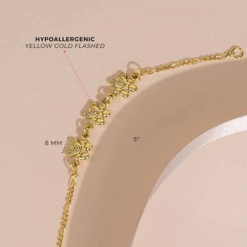 In Season Jewelry 925 Sterling Silver Teddy Bear Charm Bracelet 5"- Yellow Gold Flashed Bracelet For Babies, Infants & Toddlers- Fun and Adorable Figaro Link Chain Teddy Bear Bracelet For Young Girls4