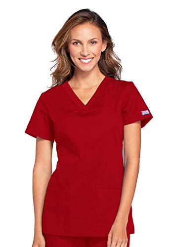 Cherokee Womens V-Neck Scrub Top - Modern Classic Shirt with 3 Pockets Instrument Loop & Fade Resistant Fabric - WW645 XXS Red