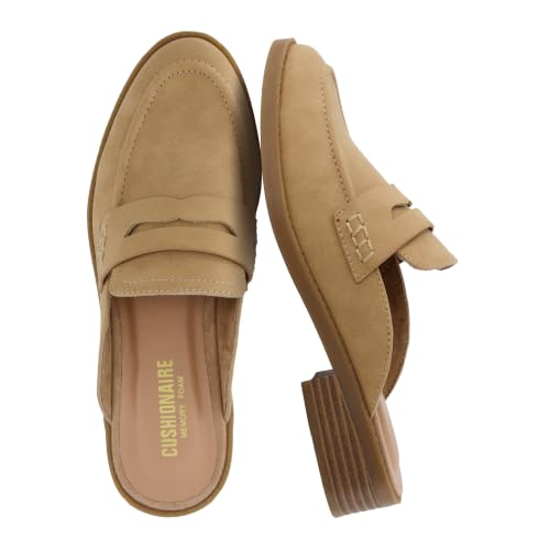 CUSHIONAIRE Prescott Womens Mules Slip On Loafers with Memory Foam | Vegan Leather Business Shoes for Women, 1.5 Inch Heel, TAN 8