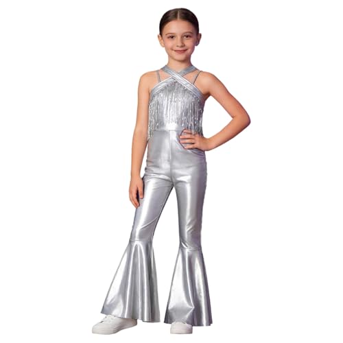 JEATHA Kids Girls Sleeveless Metallic Flared Pants Jumpsuit 70s Party Outfits Stage Performance Dance Costume Silver 8