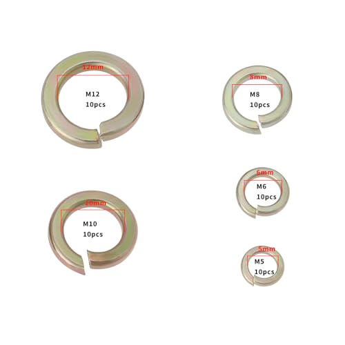 EMSea 50 Stück Federsicherungsscheiben metrische flache Federscheiben M5 M6 M8 M10 M12 Kohlenstoffstahl-Unterlegscheiben DIN127 für die meisten metrischen Schrauben, Zinkgelb