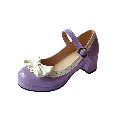 ELFY Women's Cute Lolita Cosplay Shoes Bow Mid Chunky Heel Mary Jane Pumps