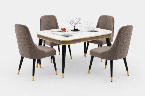 Image of WOODEN SPACE Majestic 4 Seater Wooden Dining Table Set | Urban Marble Top Dining Table with Chairs for Dining Room & Kitchen (Modern Vento Brown) (54x36x30 inch)