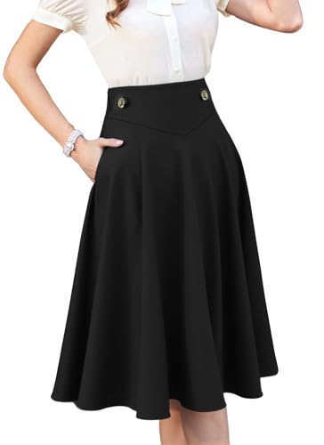 VOBCTY Women Casual Midi Skirt with Pockets Elegant A-Line Pleated High Waist Flowy Versatile Summer Skirt