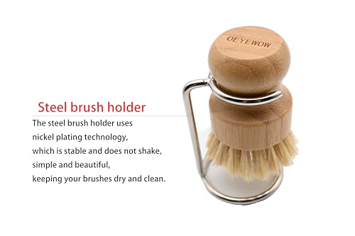 Image of Bamboo Dish Brush, Kitchen Dish Brush Set for Cleaning Dishes, Sinks, Cast Iron Pots /Pans and Vegetables, Sisal Bristles and Bamboo Grip - 1 Piece + Hook + Brush Holder Set (Plam Brush Holder Hook)