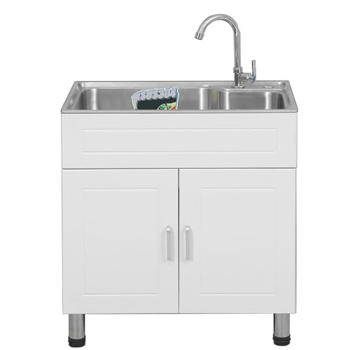Évier de Commercial Meuble Evier Autoportant Evier Utilitaire en Acier Inoxydable avec Tuyau de Vidange, Évier Commercial sur Pied pour Garage, Restaurant, Cuisine