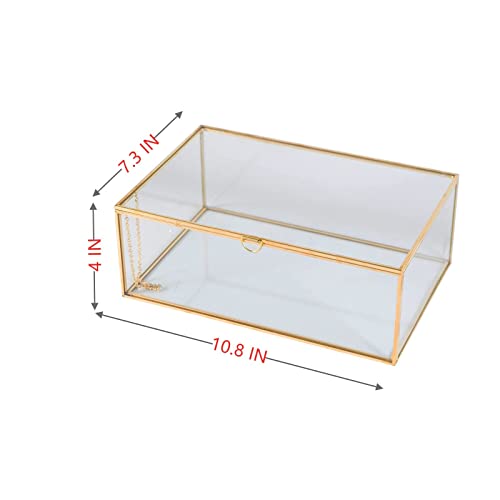 Smart Wyche 10.8" Glass Box Keepsake Box With Hinged Lid For Women And Girls, Suitable For Storage Jewelry, Trinkets, Flowers And More, Vintage Brass Frame (Large) #TOP1