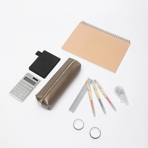 Image of Pencil Case Small Zipper Pen Pouch for School Office Art Supplies Stationery Organizer Bag for Pens Markers(Pearl Brown /Faux Leather)