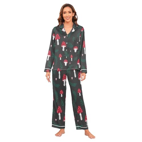 HMZXZ Mushroom Red Women's Pajama Set Satin Pajama Set Long-sleeve Classic 2 Piece Spring Floral Pjs Sets for Women S-XXL